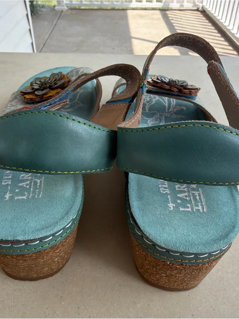 New L'Artiste by Spring Step Leather Wedge Teal Sandals Cuteness Sz 38, US 7.5~8